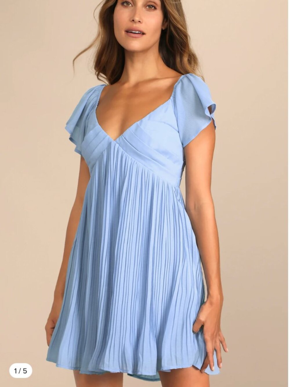 Amalfi Coast Light Blue Pleated Flutter Sleeve Mini Dress